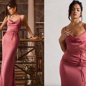 Club L London Rose Pink Satin Cowl Neck Maxi Dress Wedding Cross Back - Small